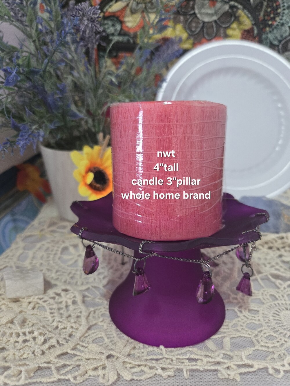 4/$15 Vintage Whole Home Lavender Beaded Candle Holder + Pillar Candle